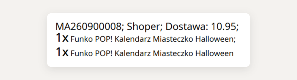Numer zamówienia, nazwa platformy sprzedaży i kwota wysyłki nad listą produktów na etykiecie