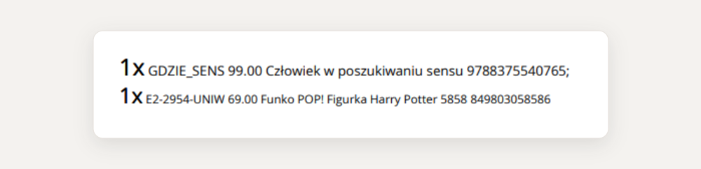 Lista produktów na etykiecie z ilością, SKU, ceną jednostkową, nazwą i EAN
